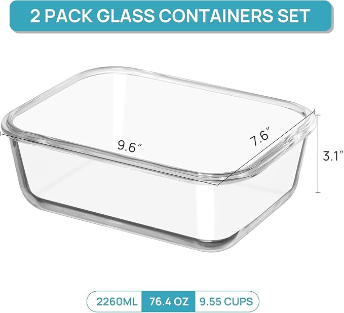 Vtopmart 2Pack 2260ml/ 76.4oz Large Glass Containers Food Storage with Lids, Meal Prep Food Container Set with Snap Airtight Lid for Baking, Microwave, Oven, Leak Proof, for Freezer, Dishwasher, Green