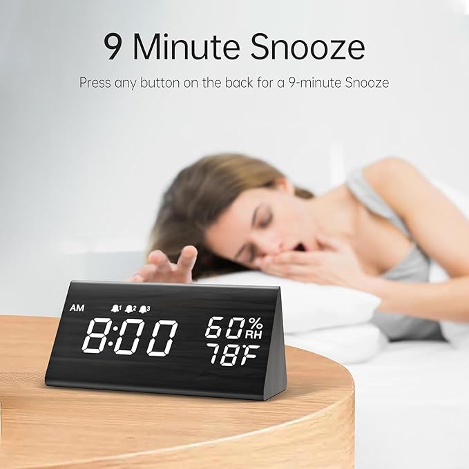 JALL Wooden Digital Alarm Clock for Bedrooms and Office, 3 Alarms with Large Numbers for Beside Table Living Room, Humidity and Temperature, 6-Level Dimmer, Snooze, Loud Desk Clock for Heavy Sleepers