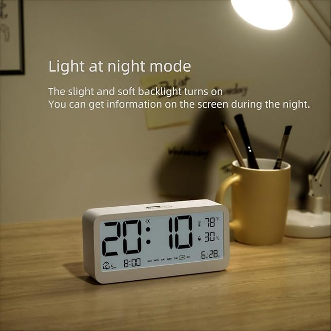 Digital Alarm Clock Battery Powered with Date | Indoor Temperature | Humidity | LCD Display | Dual Alarms | Snooze and Backlight Desk Small Clock (White)