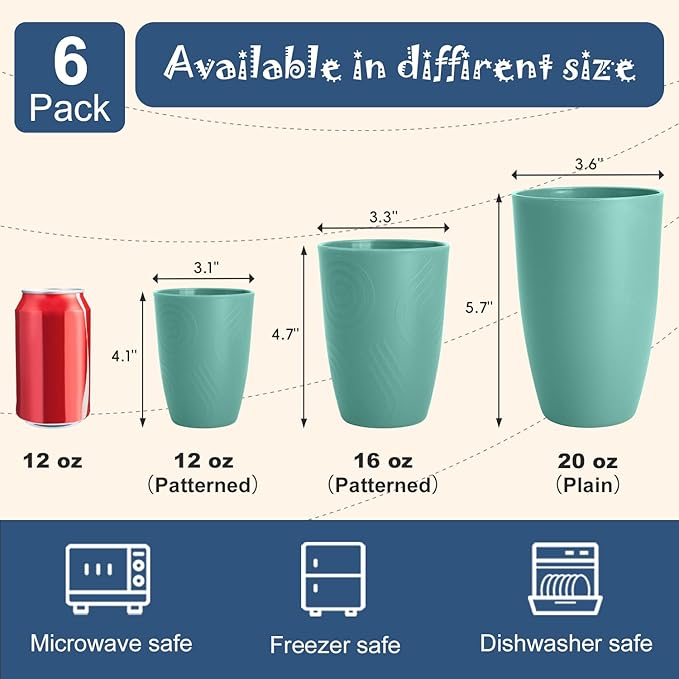 Reusable Wheat Straw Cups 6 PCS, Unbreakable 16 OZ Plastic Cup Alternative, Dishwasher Safe Drinking Glasses for Indoor & Outdoor Use, Green