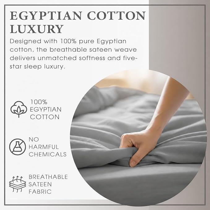 THE ART BOX Certified 100% Egyptian Cotton Sheets, California King Sheet, 1000 Thread Count Hotel Quality Sateen Weave, 4 Pc Luxury Bed Sheet Set, Grey Sheets with Elasticized Deep Pocket