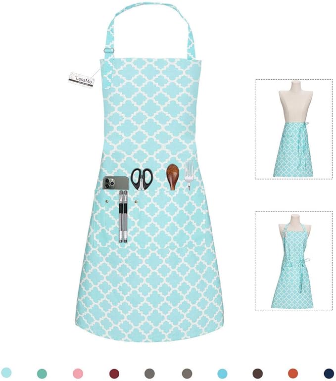 LessMo Kitchen Cooking Aprons with 3 Pockets for Men Women - Cotton Adjustable Professional Grade Chef Apron for Kitchen, BBQ & Grill (Light Green)