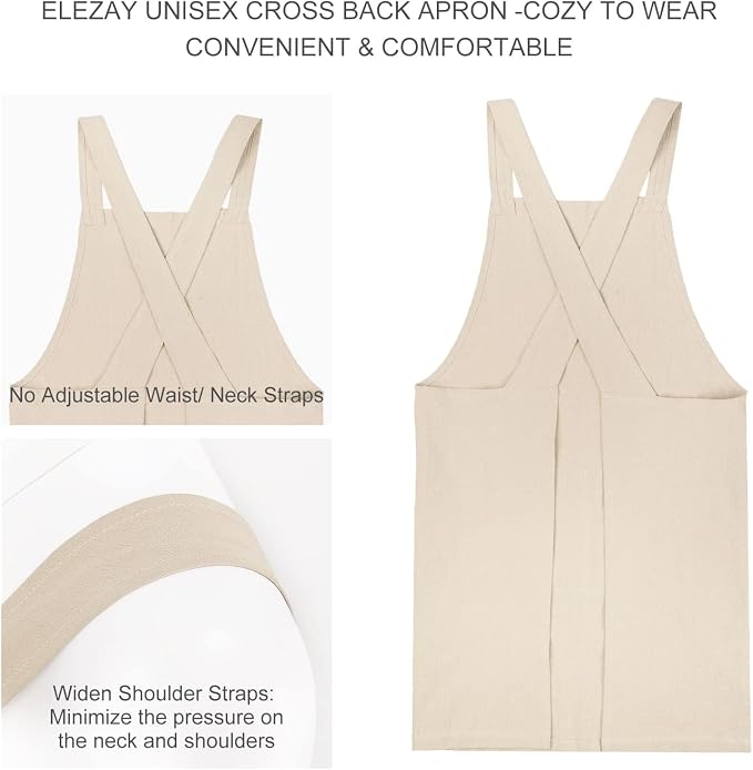 ELEZAY Aprons for Women with Pockets Plus Size Comfort Cross Back No Tie Cotton Linen Apron Pinafore