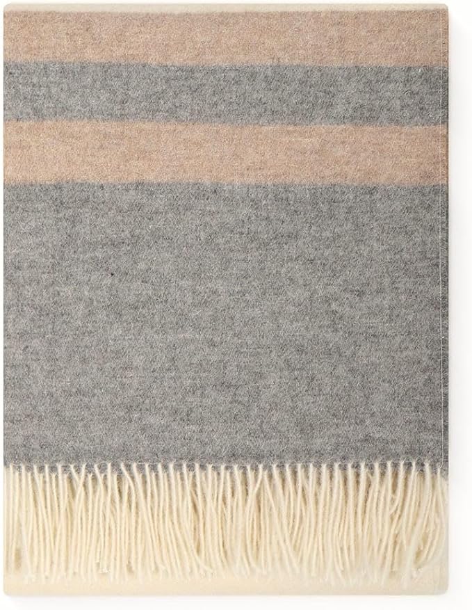 Superfine Alpaca Wool Throw Blanket - Lightweight Alpaca Merino Wool Throw Blankets | Soft Peruvian Alpaca Blanket Wool Blanket Striped Design 63" x 52" (Ivory/Soft Gray/Beige)