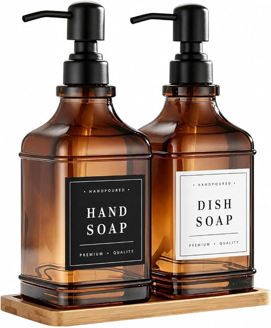Glass Countertop Soap Dispenser Set: Modunful M1 DM2670 Amber 2 Pack 16.9oz | Anti-leak Stainless Steel Pump, Bamboo Tray, Silicone Funnel,60 Waterproof Residue Free Labels, Bathroom Decor