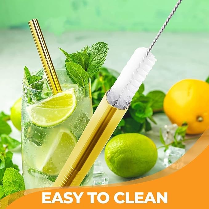 Vinaco 8.5" and 10.5" Big Smoothie & Milkshake Straws, 4 Pack Food-Grade Stainless Steel 0.4" Wide Mouth for Thick Drinks, Gold Metal Reusable