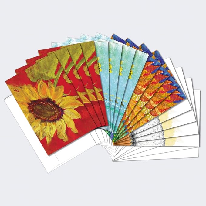 Tree-Free Greetings - All Occasion Cards - Artful Designs - 16 Assorted Cards + White Envelopes - Made in USA - 100% Recycled Paper - 4 x 6 - Sunflowers (FP54173)