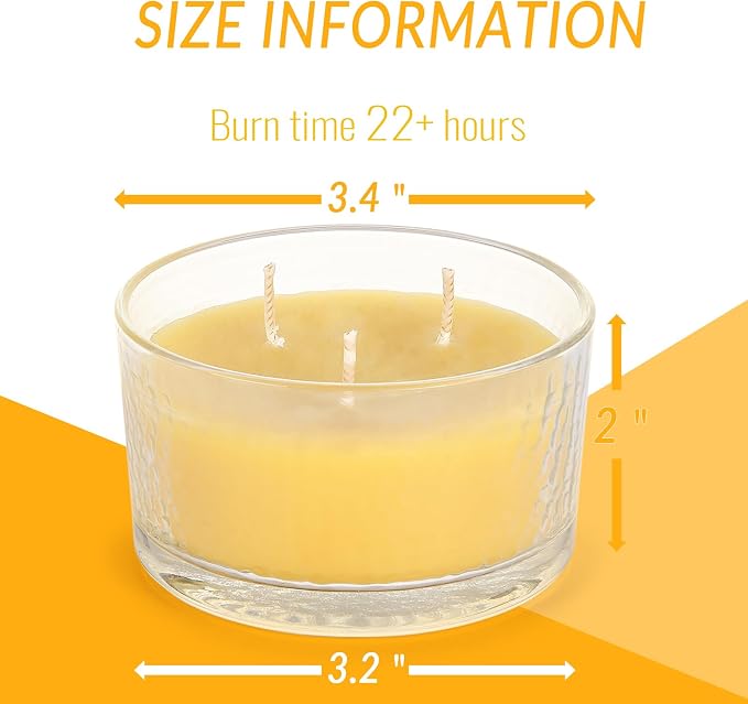 3-Wick Beeswax Candles, Pure Natural Handmade Beeswax Candles in Thick Glass Jars - Unscented Candles with 22-Hour Lasting