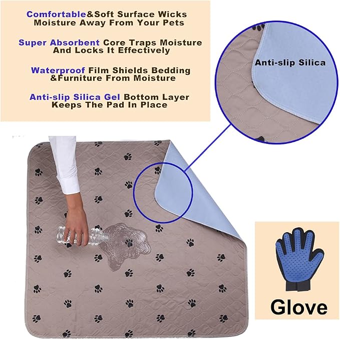 SincoPet Washable Dog Pee Pads with Puppy Grooming Gloves,Puppy Pads,Reusable Pet Training Pads,Large ,Waterproof Pet Pads for Dog Bed Mat,Super Absorbing Whelping Pads,41x41 Inch (Pack of 2)
