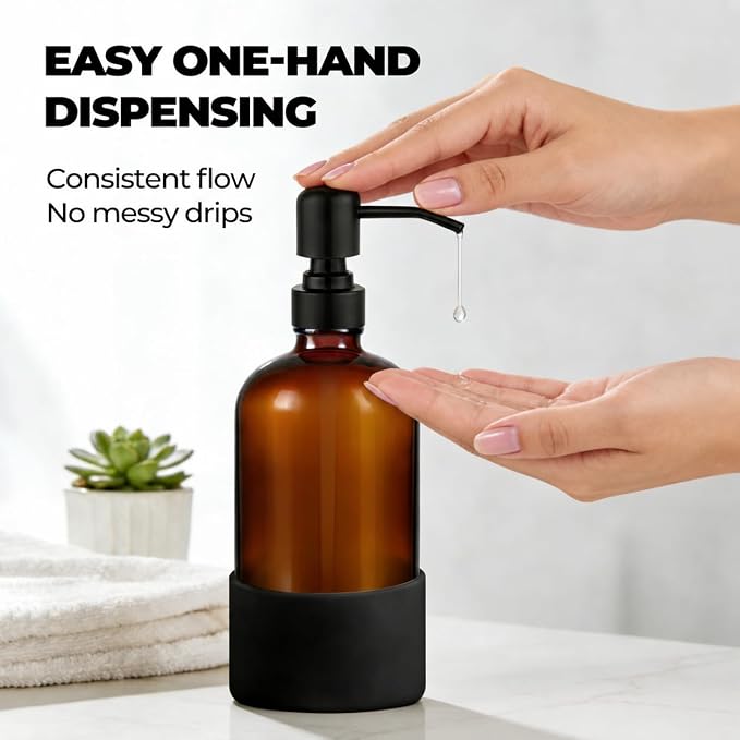 16 oz Hand and Dish Soap Dispenser Set for Kitchen and Bathroom, 500ml Amber Glass Soap Dispenser with Stainless Steel Pump, Non-Slip Silicone Sleeves, Labels - 2 Pack