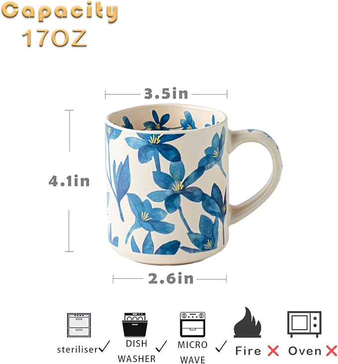 Ceramic Mugs for Men & Women, Unique Microwave & Dishwasher Safe Tea/Coffee Rustic Stoneware Cups for Office & Home (Blue Straight Flower Mug)