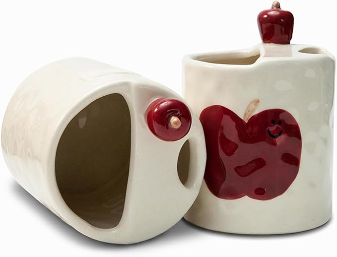 Ceramic Travel Mug with Half Lid, Apple Design Handmade Pottery Coffee Cup 12oz, Kawaii Reusable Coffee & Tea Tumbler, Microwave & Dishwasher Safe
