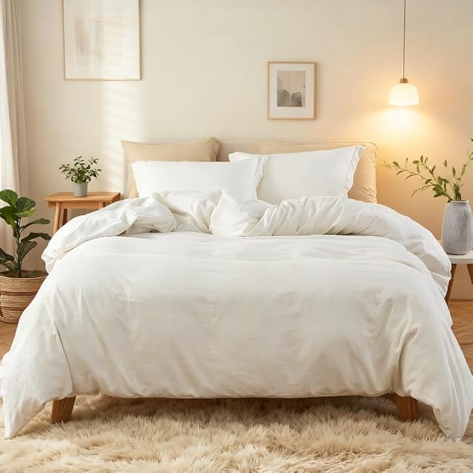Simple&Opulence French Linen Duvet Cover Set 104"x 92"- 3 Pieces (1 Comforter Cover,2 Pillowcases)-Natural Flax Cotton Blend-Solid Color Breathable Farmhouse Bedding-Off White, King