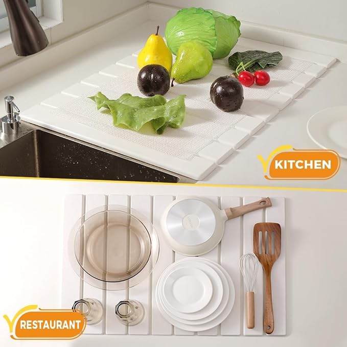 Large Stone Drying Mat for Kitchen Counter, 24×16 Inch Diatomaceous Earth Dish Drying Stone for Fast Absorbent, Collapsible Quick-Dry Draining Mat for Dishes Cookware Cups Any Countertop
