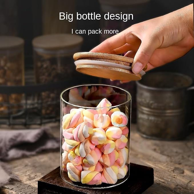 3-Piece sealed food storage containers, borosilicate glass jars with bamboo and wood lids, 2.6 to 4-inch diameter pantry jars, various sizes 2.6x2.4in to 4x11.8in.