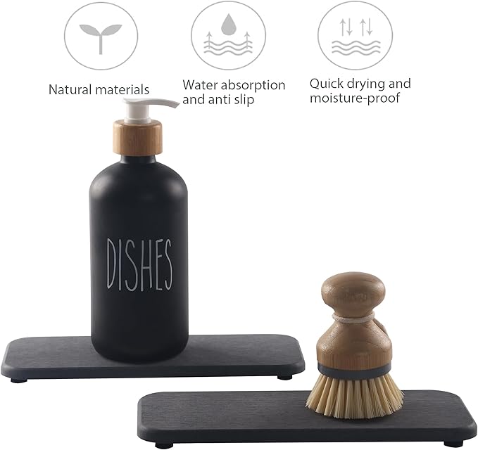NiuYichee 2 Pcs Water Absorbing Stone Trays, Kitchen/Bathroom Sink Soap Dish, Diatomite Tray Used for Hand Soap & Cosmetic Bottles in the Modern Home, 4" W x 9" L, Dark Gray