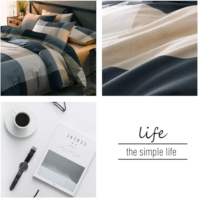 mixinni Twin Size Checkered Duvet Cover Set - 3 Piece Grey Geometric Cotton Bedding Set with Zipper Closure & Corner Ties, 100% Washed Cotton Soft Breathable Duvet Cover for Men, Women, Teens (Twin)
