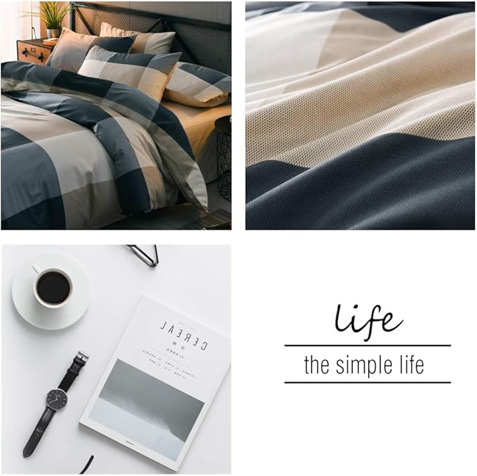 mixinni Queen Size Checkered Duvet Cover Set - 3 Piece Grey Geometric Cotton Bedding Set with Zipper Closure & Corner Ties, 100% Washed Cotton Soft Breathable Duvet Cover for Men, Women, Teens (Queen)