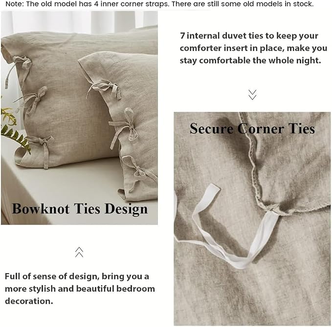 Simple&Opulence 100% Linen Duvet Cover Set 3pcs with Bowknot Ties Closure Natural French Washed Flax Solid Color Soft Breathable Farmhouse Bedding - Linen, Queen Size