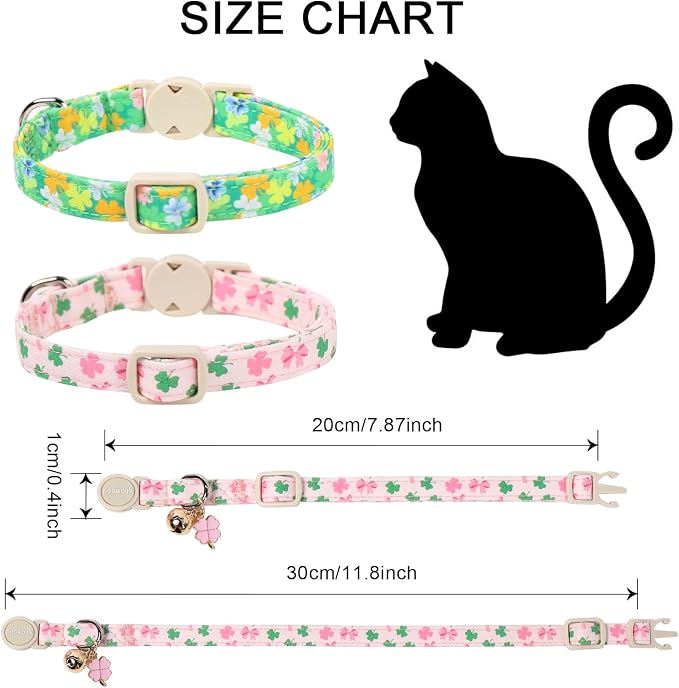 DOGWONG 2 Pack St Patricks Day Cat Collar Breakaway,Safety Adjustable Green Shamrock Cat Collars with Bell for Kitten