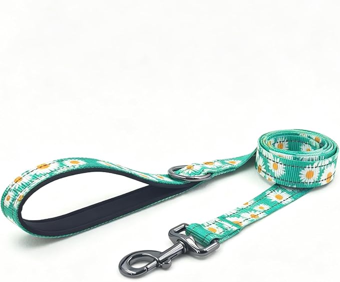 Dog Collar Leash Set, Floral Pattern, with Safety Reflective Strips, 5 ft Matching Leash, Neoprene Padded Handle, Adjustable 4 Sizes for Small Medium Large Dogs.(M, Green Daisy)