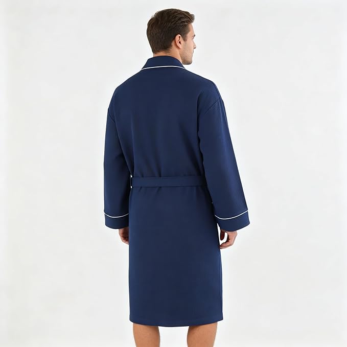 Inner Wish Men's Cotton Waffle Kimono Robe, Lightweight Soft Spa Shower Bathrobe, Hotel Lounge Robes for Men