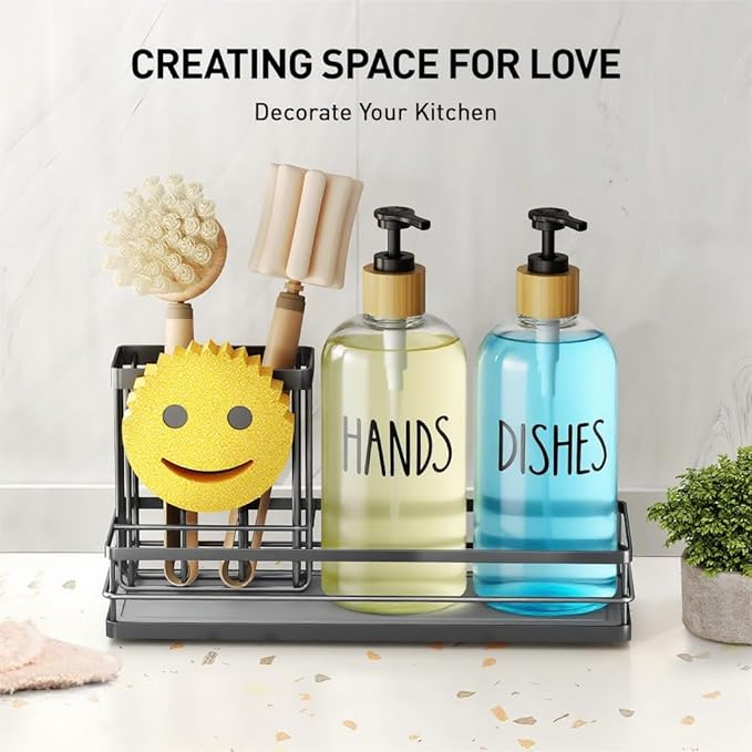 Moforoco Kitchen Dish Soap Dispenser Set, 16OZ Glass Bottle, Hand and Dish Soap Dispenser Set, Instant Dry Tray, Brush Holder with Smiley Face Sponge Holder (Black Tray+Clear Bottle)