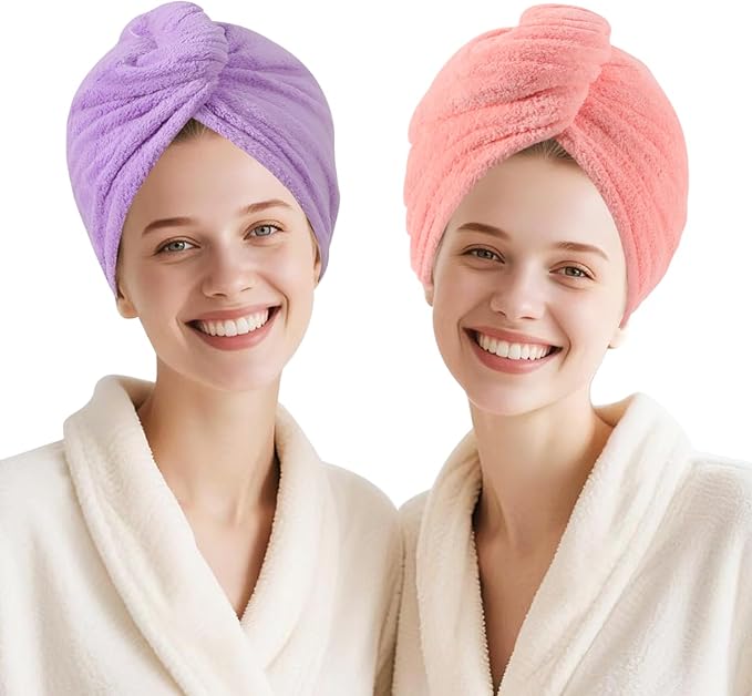 Microfiber Hair Drying Towel Wrap for Women, Hair Turbans Towel for Wet Hair,turbie Twist Hair Towels(The Color of the Picture is for Reference only) (Pink，Purple)