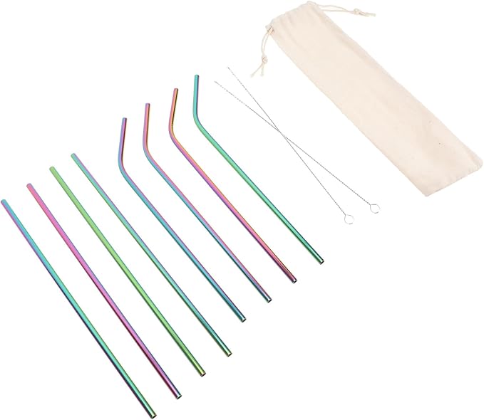 SUPVOX Reusable Stainless Steel Drinking Straws Set with Cleaning Brush and Carrying Bag, 11pcs 304 Metal Straws for Smoothies, Coffee, and Party Supplies