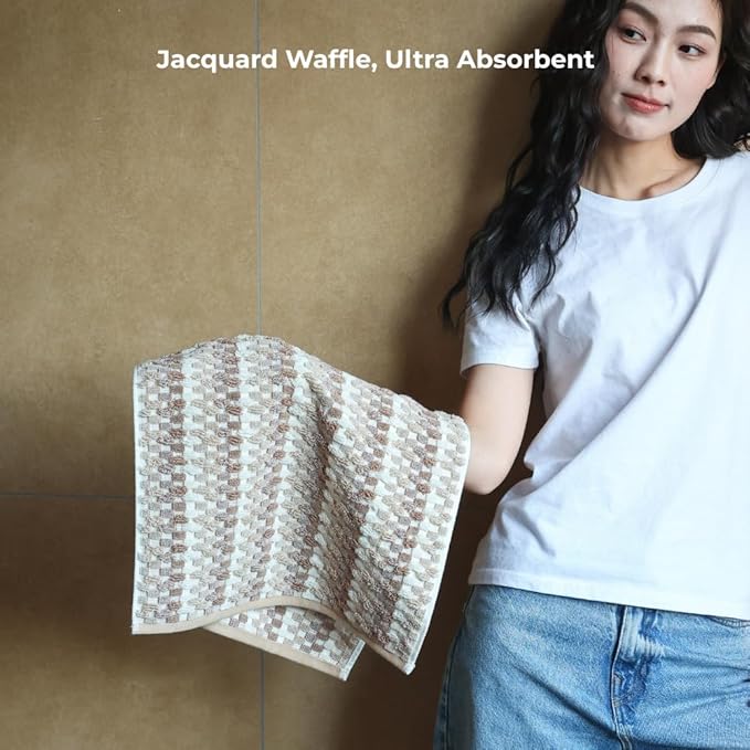 Premium Luxury Waffle Weave Cotton Towel Set - 160g Hand Towel & 650g Oversized Bath Towel (30"x60") - Ultra Absorbent, Quick-Dry, Soft Textured Jacquard (Sandalwood)