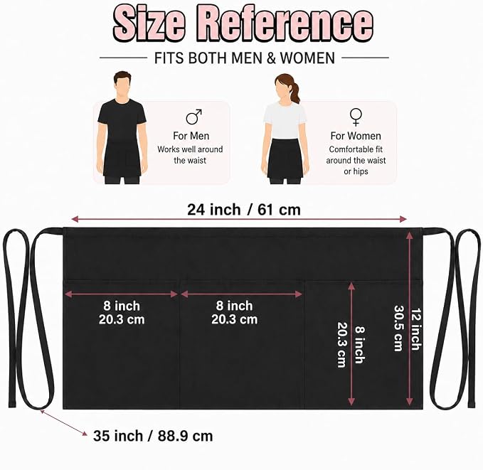 Waist Apron with 3 Pockets Waterdrop Resistant Premium Cotton Waitress Apron 10 Color Option Server Apron Chef Apron (BLACK, PACK OF 12)