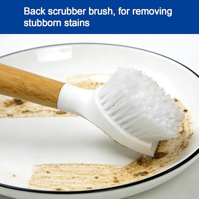CELOX 2 Pack Bamboo Dish Brush with Handle Kitchen Scrub Brush, Dish Scrubber - Perfect for Dish Washing, Vegetable, Grill Cleaning
