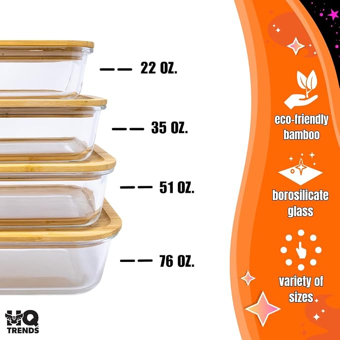HQ Glass Container with Natural Brown Wooden Bamboo Lid Eco-Friendly Storage Airtight 51 oz Rectangular Baking Dish Storage Refrigerator Boxes 1520 ML