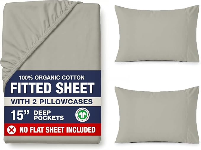 LANE LINEN Queen Fitted Sheet & Pillowcases (No Flat Sheet) - 100% Organic Cotton Soft & Breathable Percale Weave Fitted Sheet Set - GOTS Certified - 15 ''Deep Pocket for Snug Fit - Silver