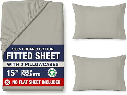 LANE LINEN Queen Fitted Sheet & Pillowcases (No Flat Sheet) - 100% Organic Cotton Soft & Breathable Percale Weave Fitted Sheet Set - GOTS Certified - 15 ''Deep Pocket for Snug Fit - Silver