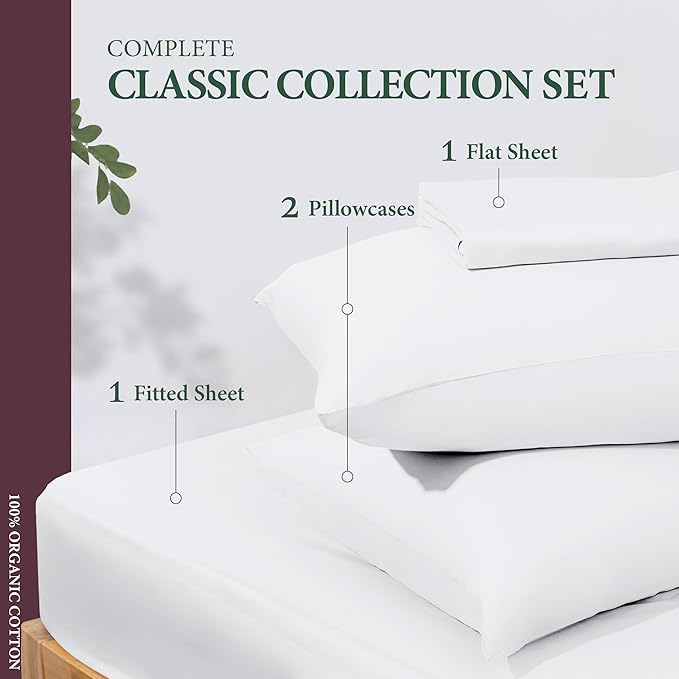 100% Organic Cotton Sheets Full Size - Organic Cotton Full Size Percale Weave Sheet Set (4 PC, White), Soft, Cooling, Crisp & Breathable, 16" Deep Pocket Hotel Quality Bedding Set