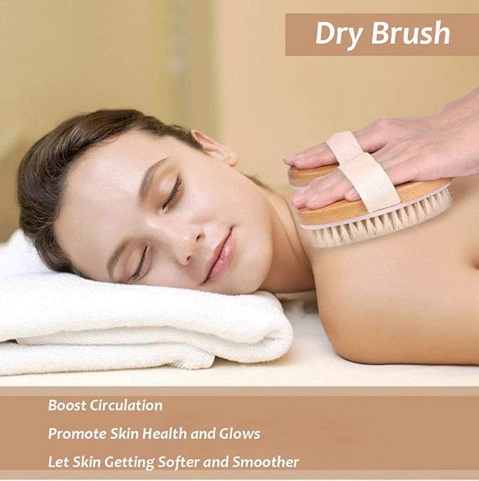 TEMEAYE Dry Brushing Body Brush Sets Wooden Handle Combined with Medium Strength Natural Bristles Gentle Exfoliator Remove Cellulite Lymphatic Drainage Makes the Skin of the Entire Body Softer
