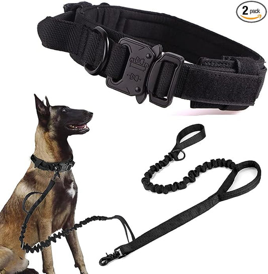 Tactical Dog Collar and Leash Set Adjustable Military Nylon Dog Collar with Control Handle and Heavy Duty Metal Buckle for Large Dogs（Black M