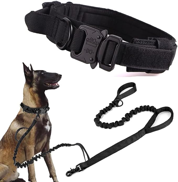 Tactical Dog Collar and Leash Set Adjustable Military Nylon Dog Collar with Control Handle and Heavy Duty Metal Buckle for Large Dogs（Black XXL