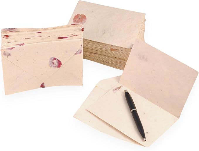 Kathmandu Valley Co. 50 Vintage 4x6 Handmade Lokta Paper Nepali Cherish Greeting Cards & Matching Decorative Flower Petal Envelopes. Folded blank cards. Handmade In Nepal. (Bougainvillea)