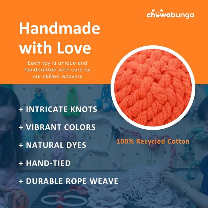 Ollie the Octopus Dog Toy Tough Handmade Eco Cotton Rope Dog Toy Octopus Durable with Natural Non Toxic Dyes - Dog Octopus Toy Aggressive Chewers for Small Dogs, Puppy Toys (Orange, Large)