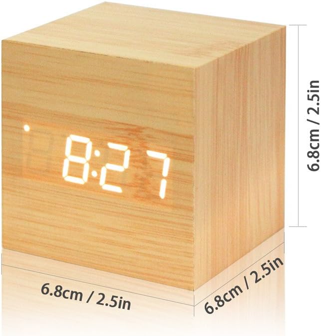 ThreeH Digital Alarm Clock with Intelligent Induction,Wood LED Light Mini Cube Desk Alarm Clock Displays Time Date Temperature for Kids,Bedrooms,Home,Dormitory,Travel AC10 Yellow_White