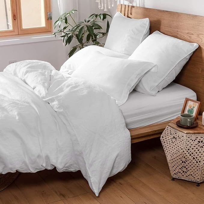 100% French Linen Pillow Shams Basic Style - Pack of 2 - Washed Solid Color Natural Flax Soft Breathable - White, 20'' x 26''