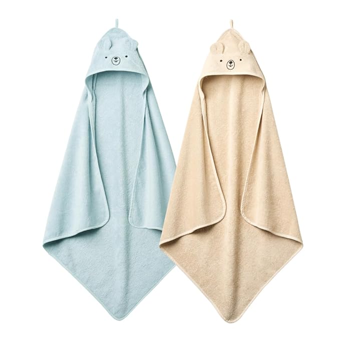 Hooded Baby Towels – 100% Organic Cotton Baby Bath Towels – Baby Boy Newborn Essentials - Super-Soft and Absorbent. (2-Pack Bear Fog and Bear Baby Blue)