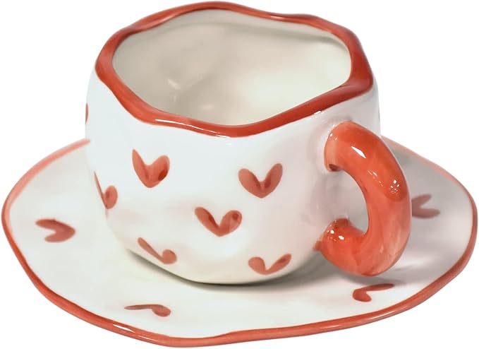 Koythin Ceramic Coffee Mug with Saucer Set, Cute Creative Cup Unique Irregular Design for Office and Home, Dishwasher and Microwave Safe, 10 oz/300 ml for Latte Tea Milk (Red Heart)