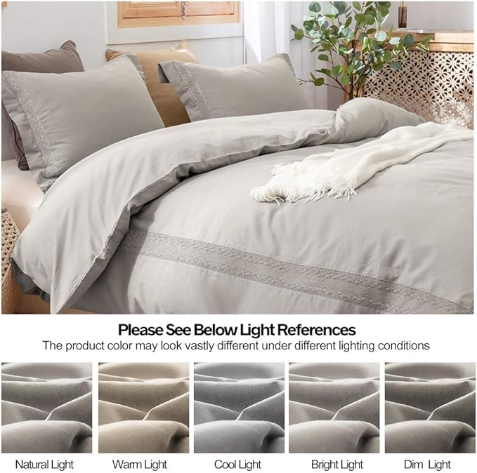 BISELINA Linen Duvet Cover Set 3pcs French Vintage Crocheted Lace Flax Cotton Blend Solid Color Shabby Chic Boho Luxury Farmhouse Bedding (King, Lace Grey)