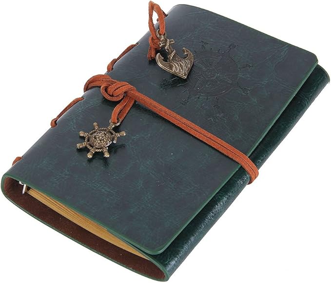 EvZ Retro Green Leather Journal - 5" Refillable Vintage Nautical Notebook with Anchor & Rudder Pendants - Small Spiral Blank Sketchbook for Travel, Nature Writing & Art - Classic Embossed Diary, Forest Green