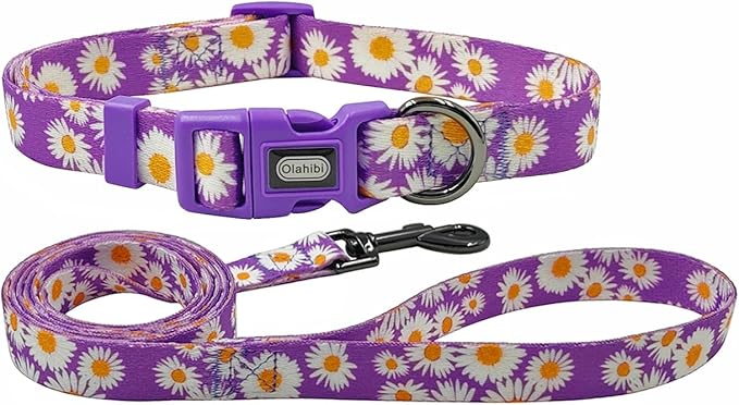 Dog Collar and Leash Set, Cute Daisy Pattern, Polyester Material, 5ft Leash, for Medium Dogs.(Medium,Purple Daisy)