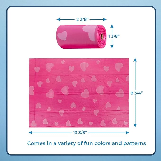 Best Pet Supplies Dog Poop Bags for Waste Refuse Cleanup, Doggy Roll Replacements for Outdoor Puppy Walking and Travel, Leak Proof and Tear Resistant, Thick Plastic - Pink Heart, 360 Bags