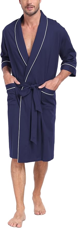 COLORFULLEAF 100% Cotton Men’s Summer Bathrobe Lightweight & Breathable Short Sleeve Kimono Robe with Pockets